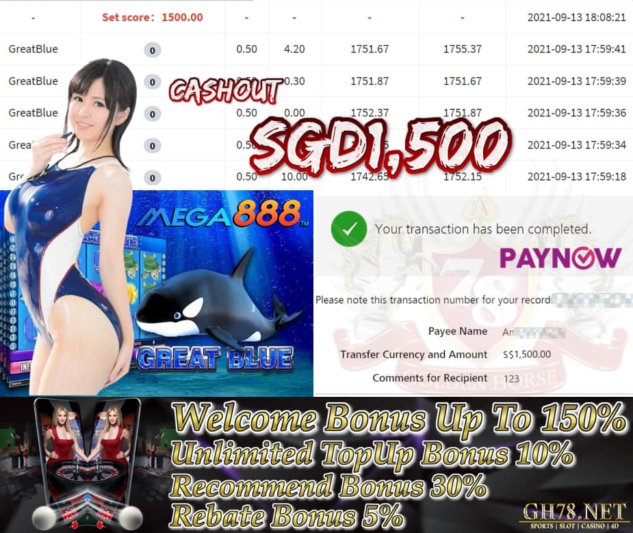 MEGA888 GREAT BLUE GAME CASHOUT SGD1,500
