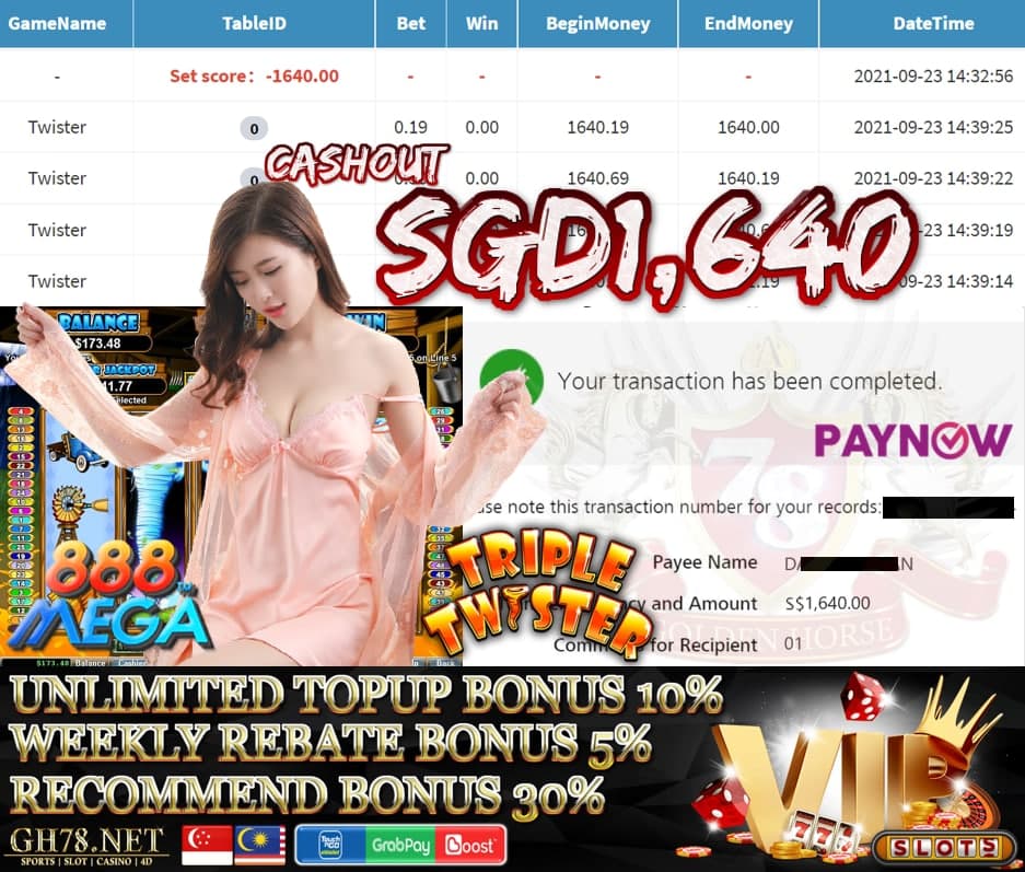 MEGA888 TRIPLE TWISTER GAME CASHOUT SGD1,640