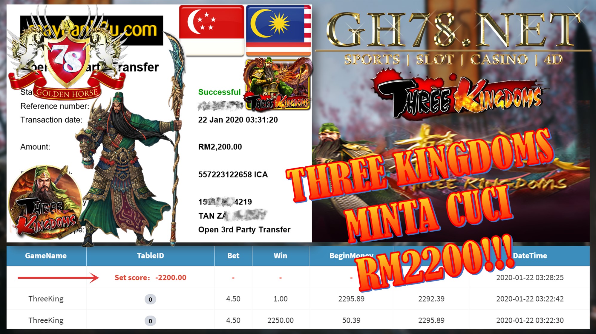 2020 NEW YEAR !!! MEMBER MAIN MEGA888, THREE KINGDOM ,WITHDRAW RM2200 !!!	