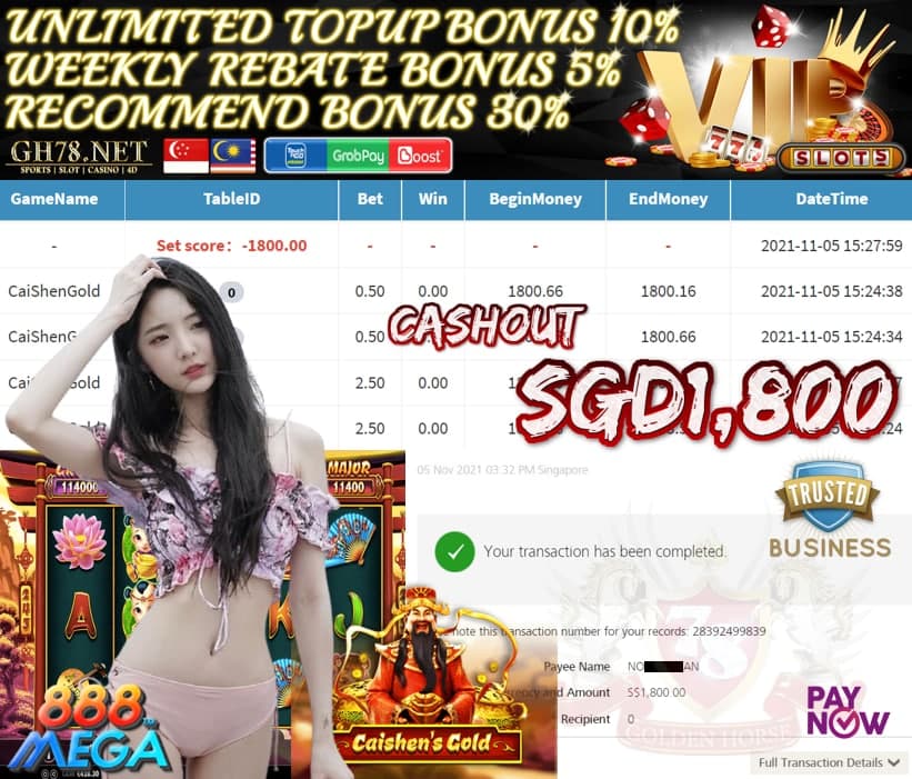 MEGA888 CAI SHEN GOLD GAME CASHOUT $S1,800 ♥