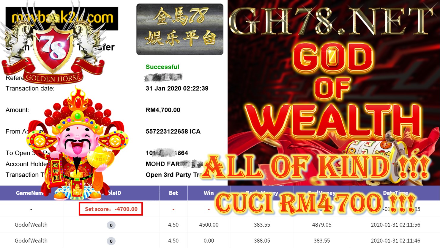 2020 NEW YEAR !!! MEMBER MAIN 918KISS, GOD OF WEALTH ,WITHDRAW RM4700 !!!	