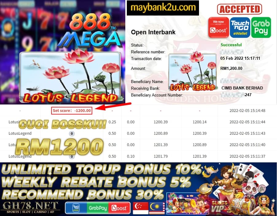 MEGA888 ''LOTUS LEGEND'' MEMBER CUCI RM1,200 !